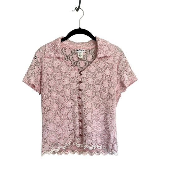 Vintage Nicola pink floral lace collared short sleeve top coquette soft girl M - Picture 2 of 14
